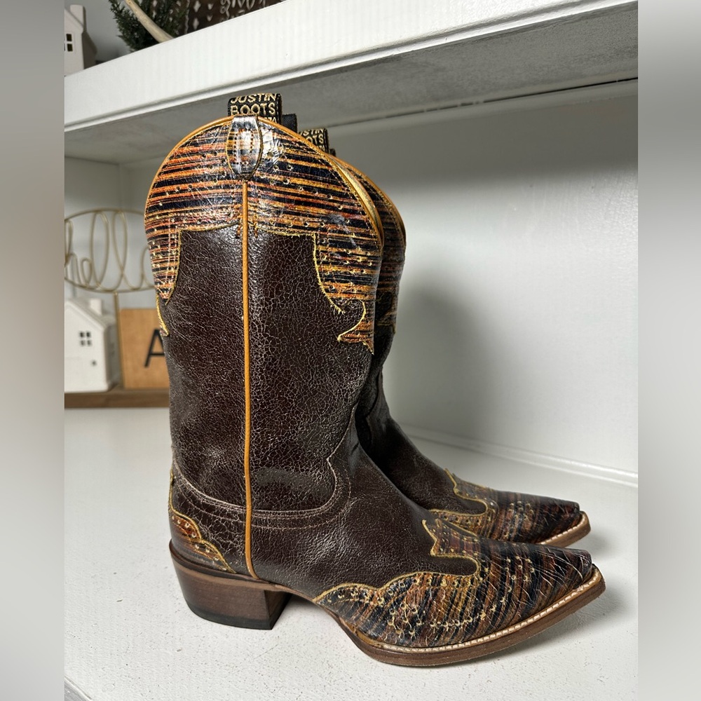 Justin Women’s 8.5B Exotic Print Cowboy Boots Brown Leather Western Cowgirl - Picture 5 of 9